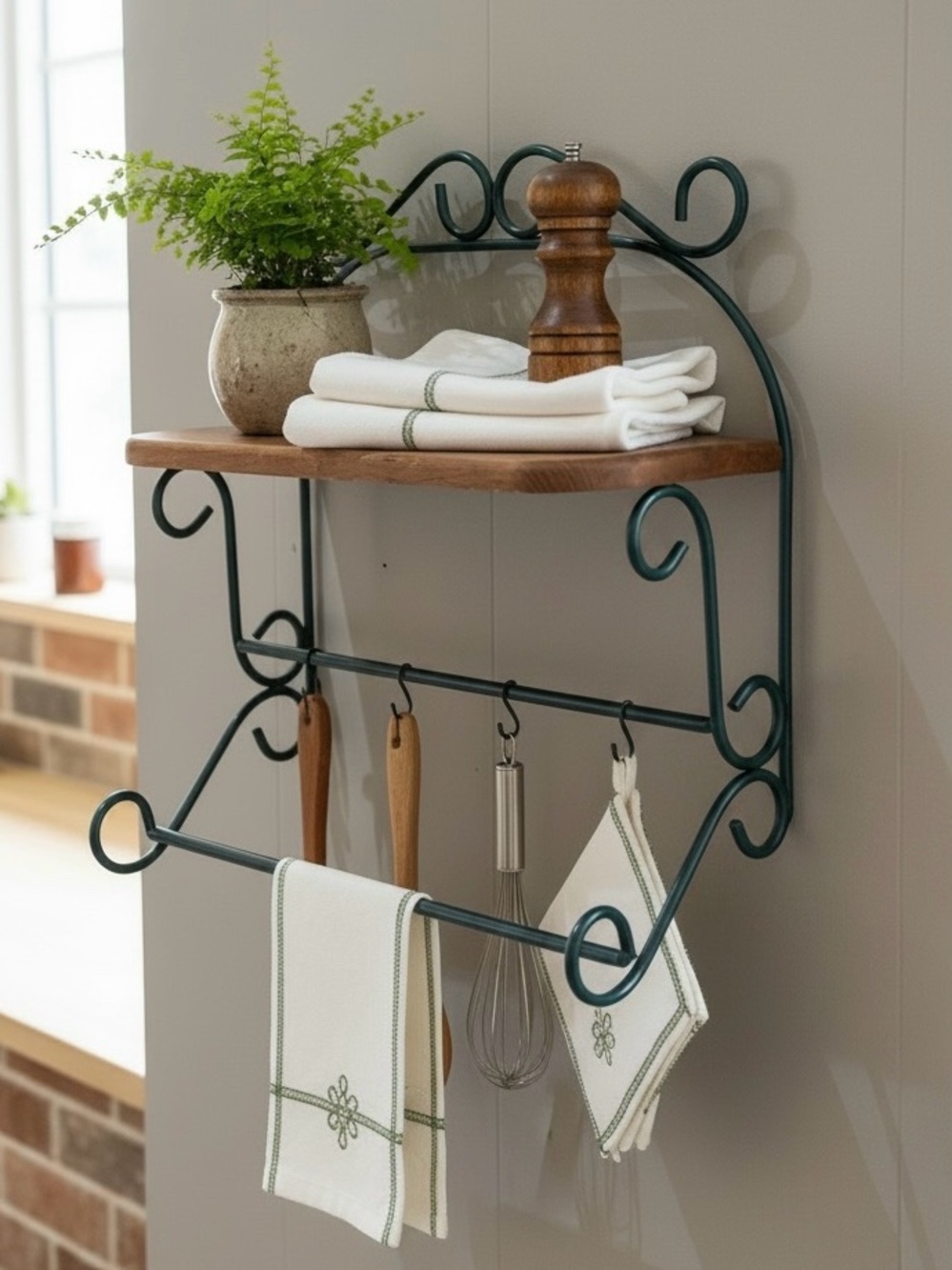 Vintage Green Metal Wood Wall Hanging Shelf  Country Kitchen Bathroom Farmhouse